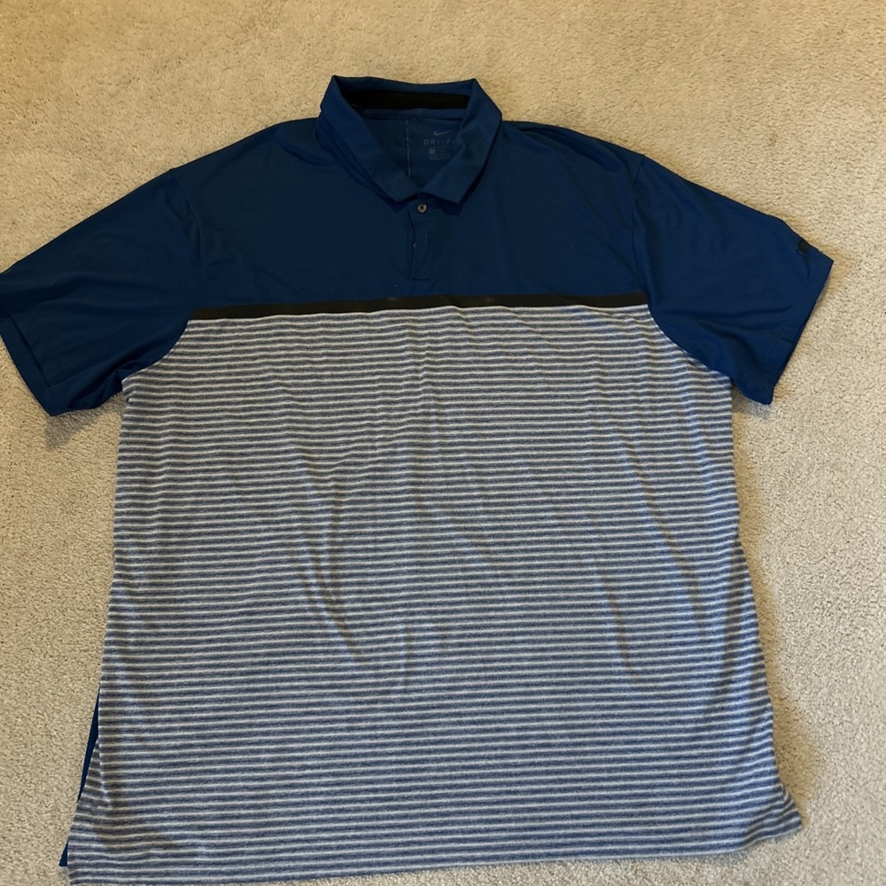 Nike Dri Fit Shirt Mens 2XL Blue Striped Polo Short Sleeve